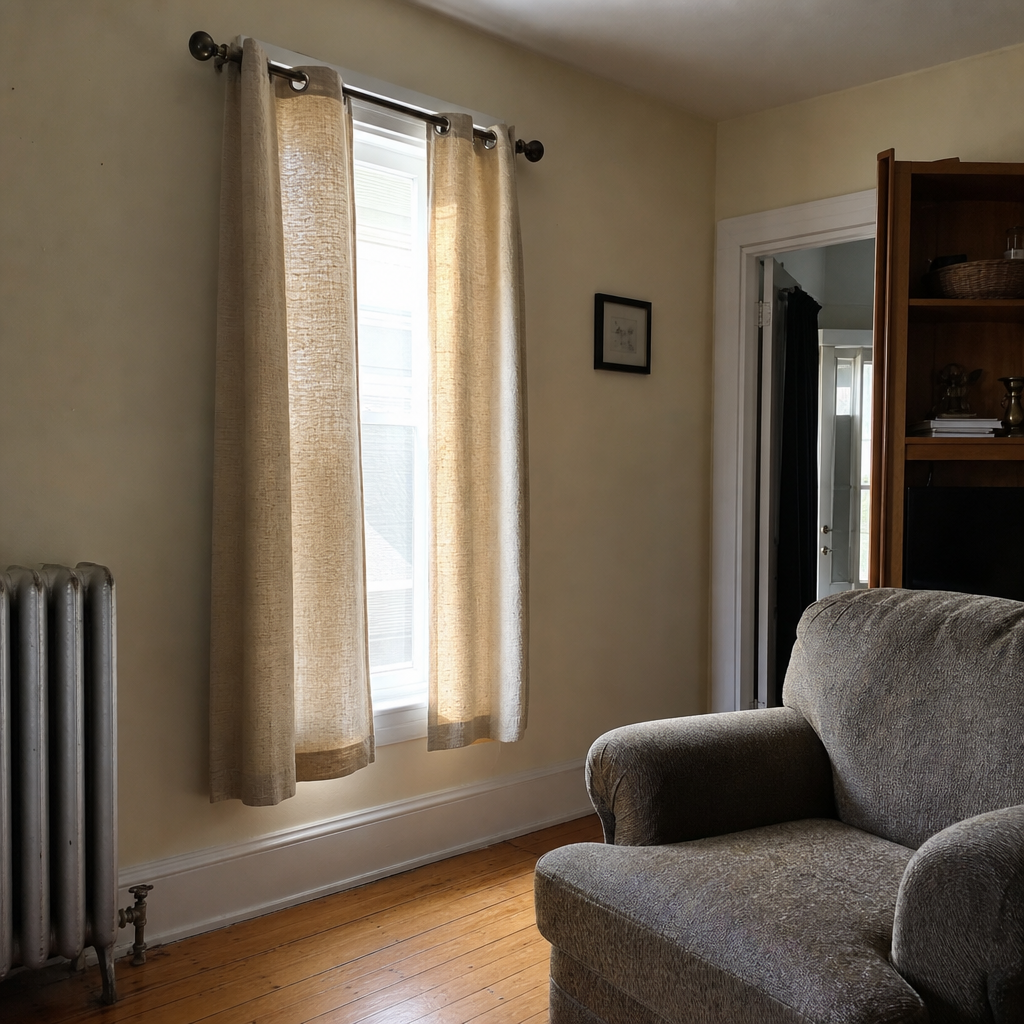 Floor-length textured curtains make a narrow living-room window appear taller.