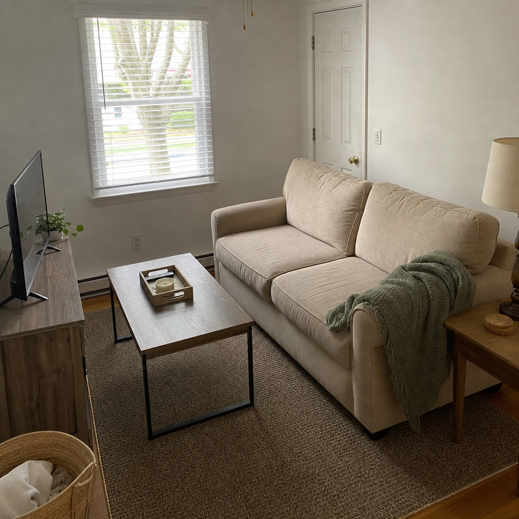 Small white-walled living room with a brown rug and sage throw.