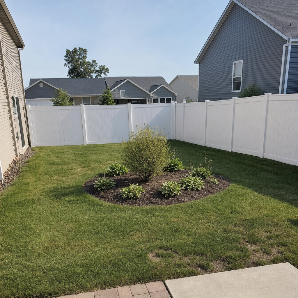 Rounded mulched island bed with simple plants in a small lawn.