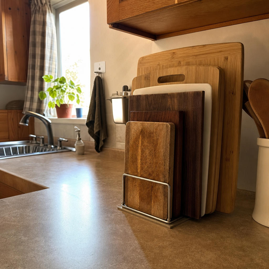 A vertical rack keeps cutting boards accessible without using counter space.