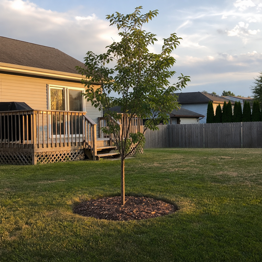 Young ornamental tree planted in a mulched circle in a small backyard.