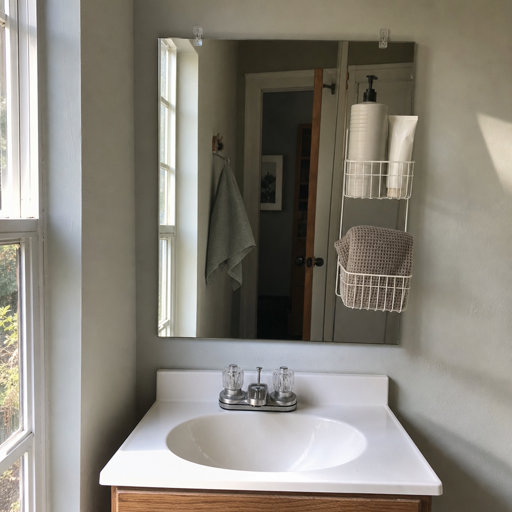 A removable wire basket on the side of a bathroom mirror stores small personal items off the counter.