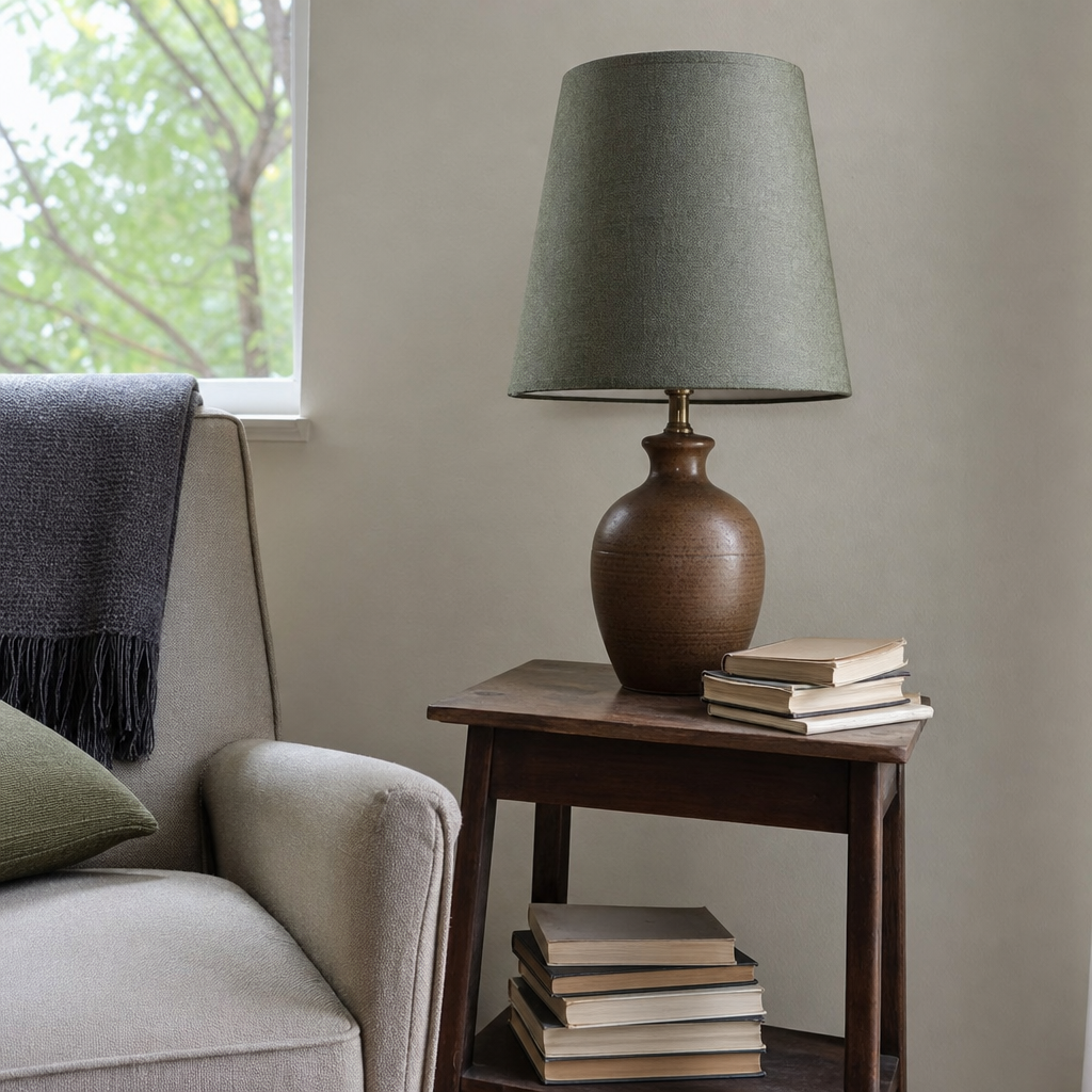 Brown table lamp with a sage green shade in a reading corner.