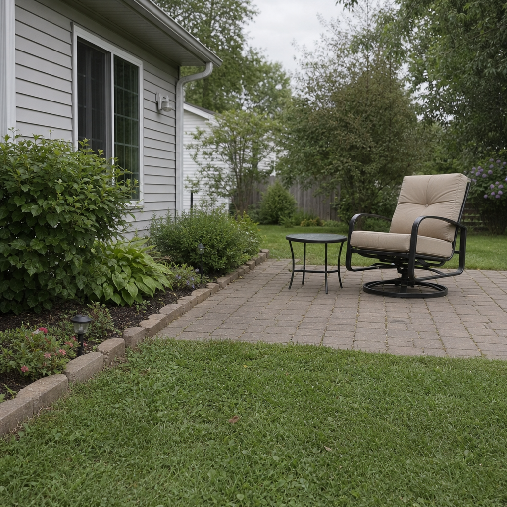 A compact glider chair and portable side table on a small paver patio.