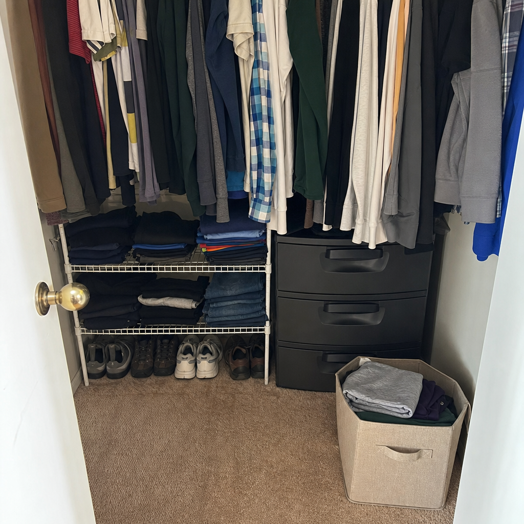 A separate fabric bin in a closet holds clothing for repair or donation.
