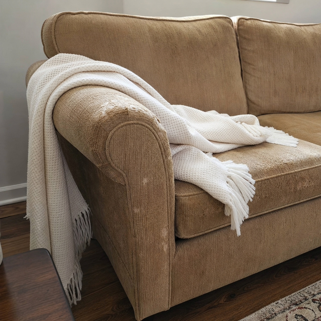 A cream throw covers the worn corner of a camel-colored sofa.