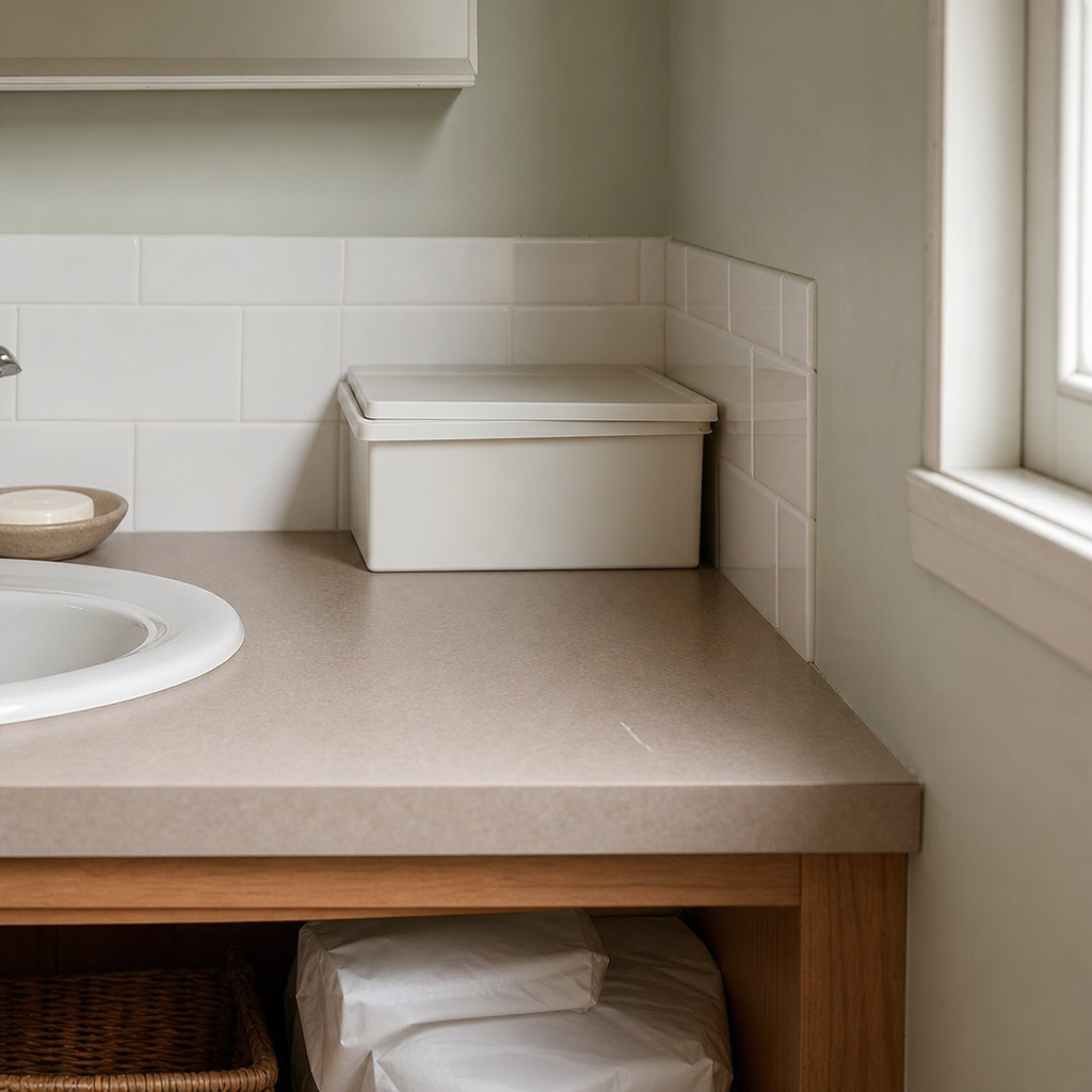A white lidded box holds bathroom backups at the back of a shared vanity counter.