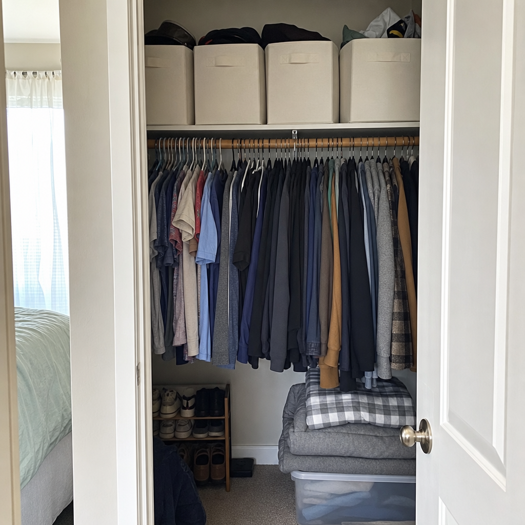 A small reach-in closet organized with everyday clothing at eye level and seasonal items stored above.
