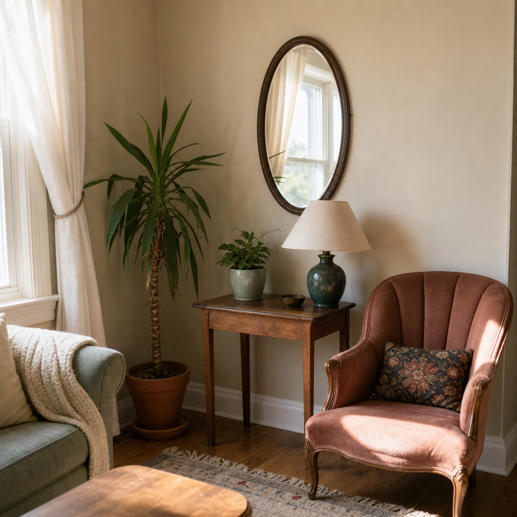 Living room corner with repeated rounded shapes in thrifted decor.