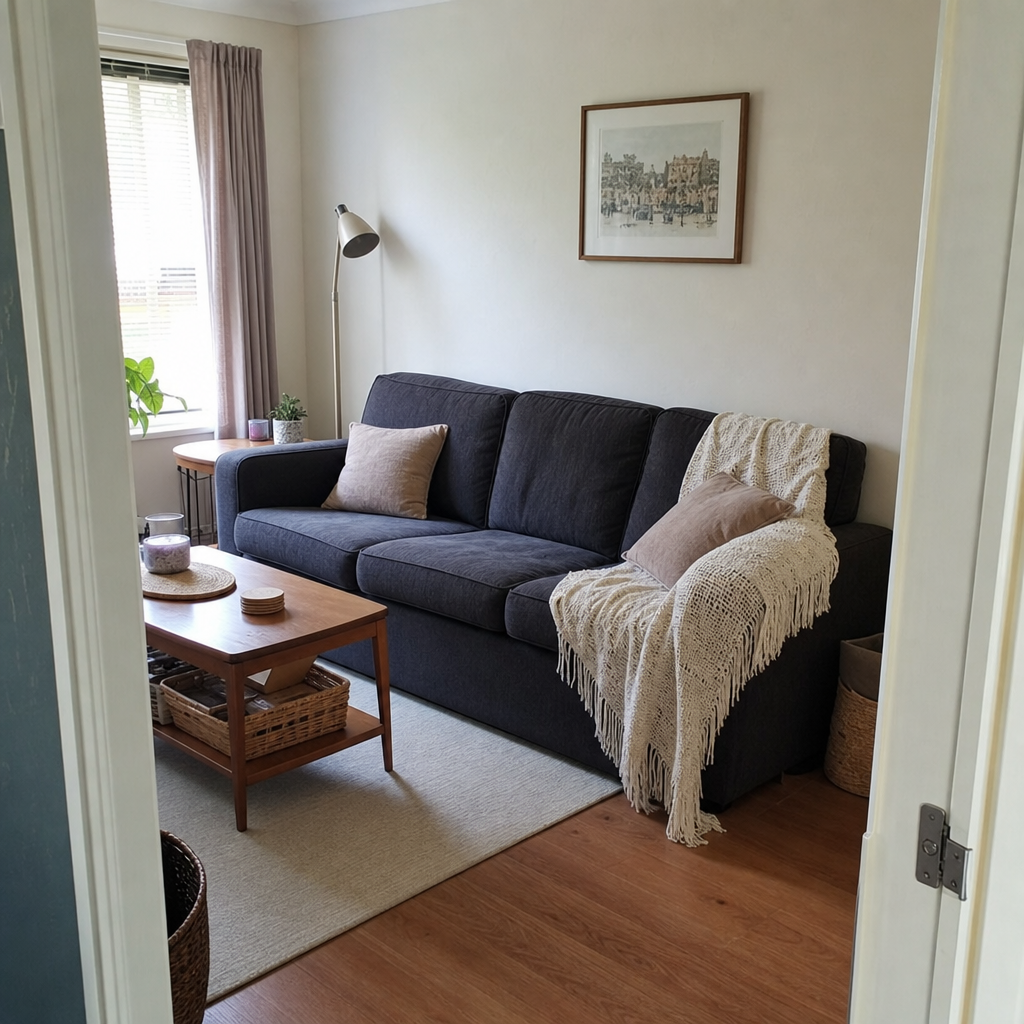 Cream throw and taupe cushions soften a dark sofa in a small living room.