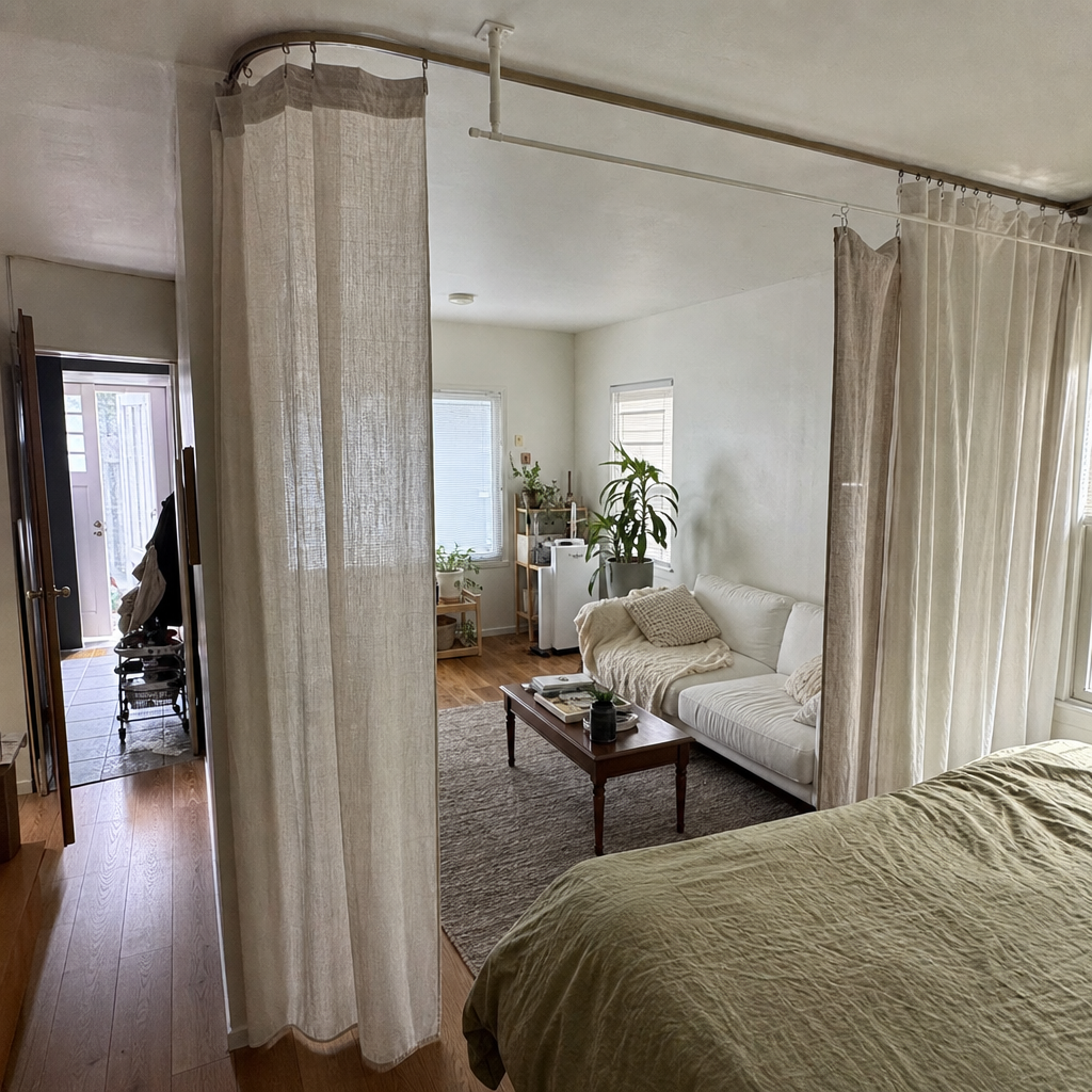 Light curtains on a ceiling track separating a bed from the living area in a studio.