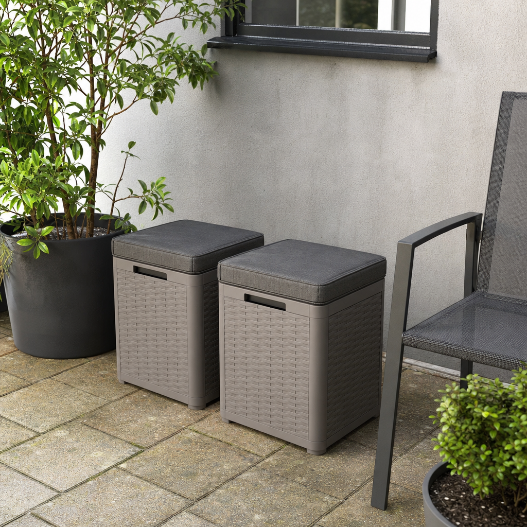 Two compact storage stools used as extra seating on a paved patio.