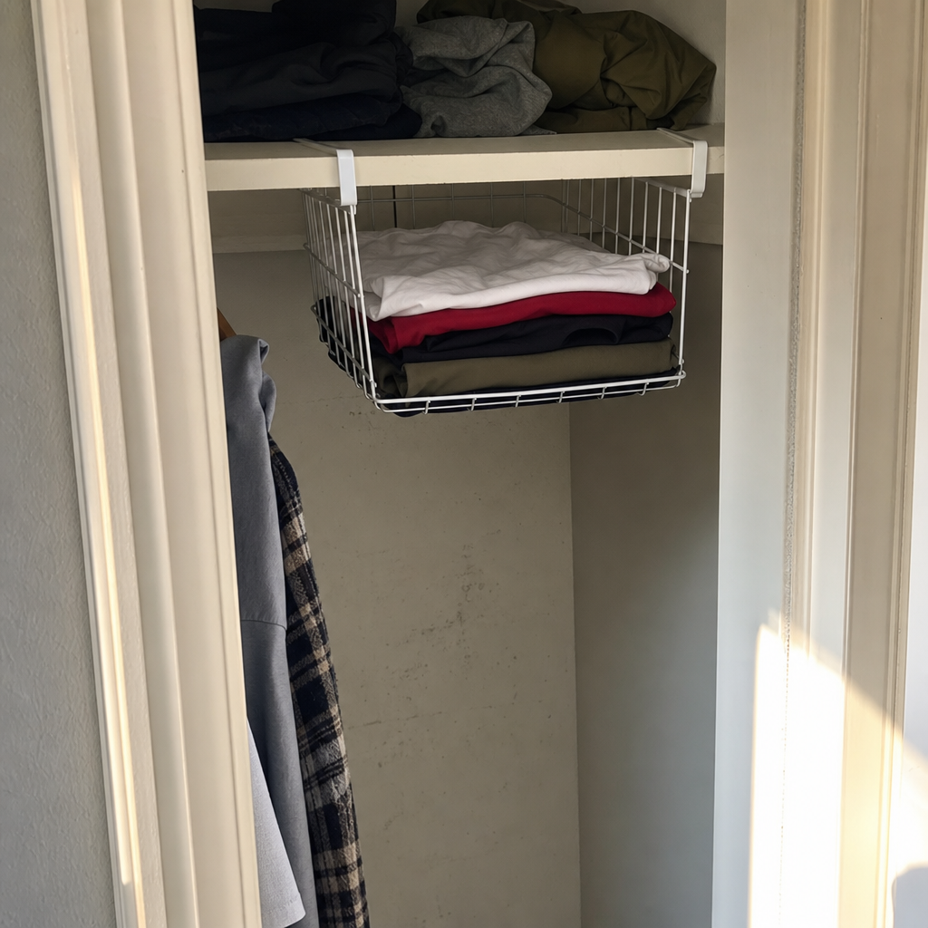 A clip-on basket beneath a closet shelf holds folded T-shirts.