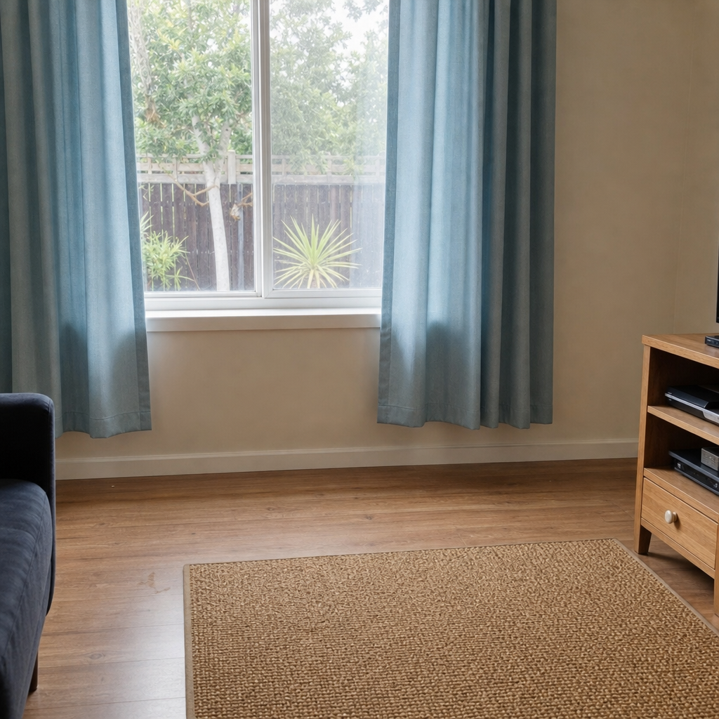A neatly hemmed pale blue curtain ending just above the living-room floor.