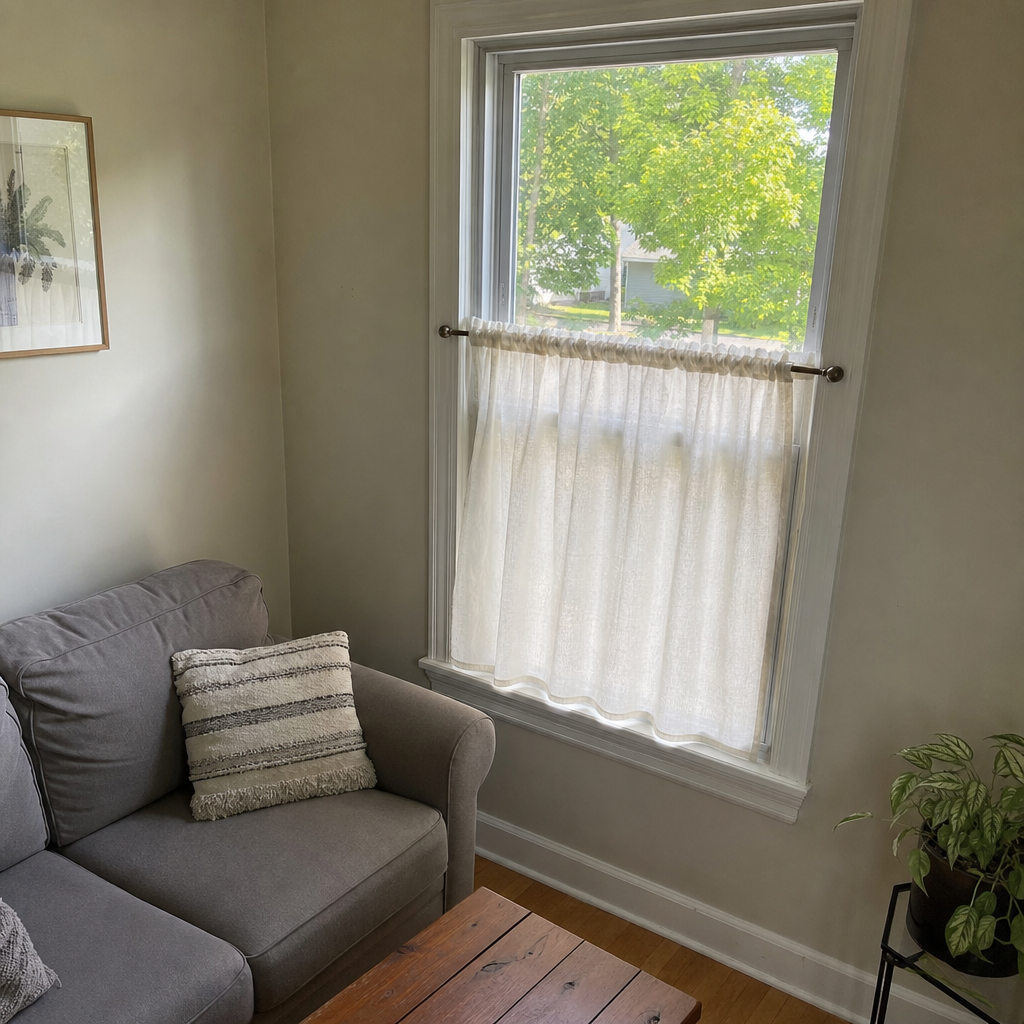 Lightweight café curtain on a tension rod covering the lower half of a window.