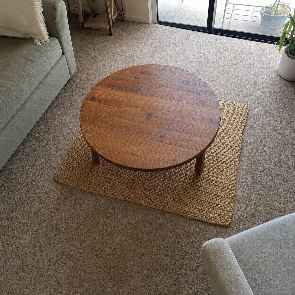 A small woven mat layered under a coffee table on taupe carpet.