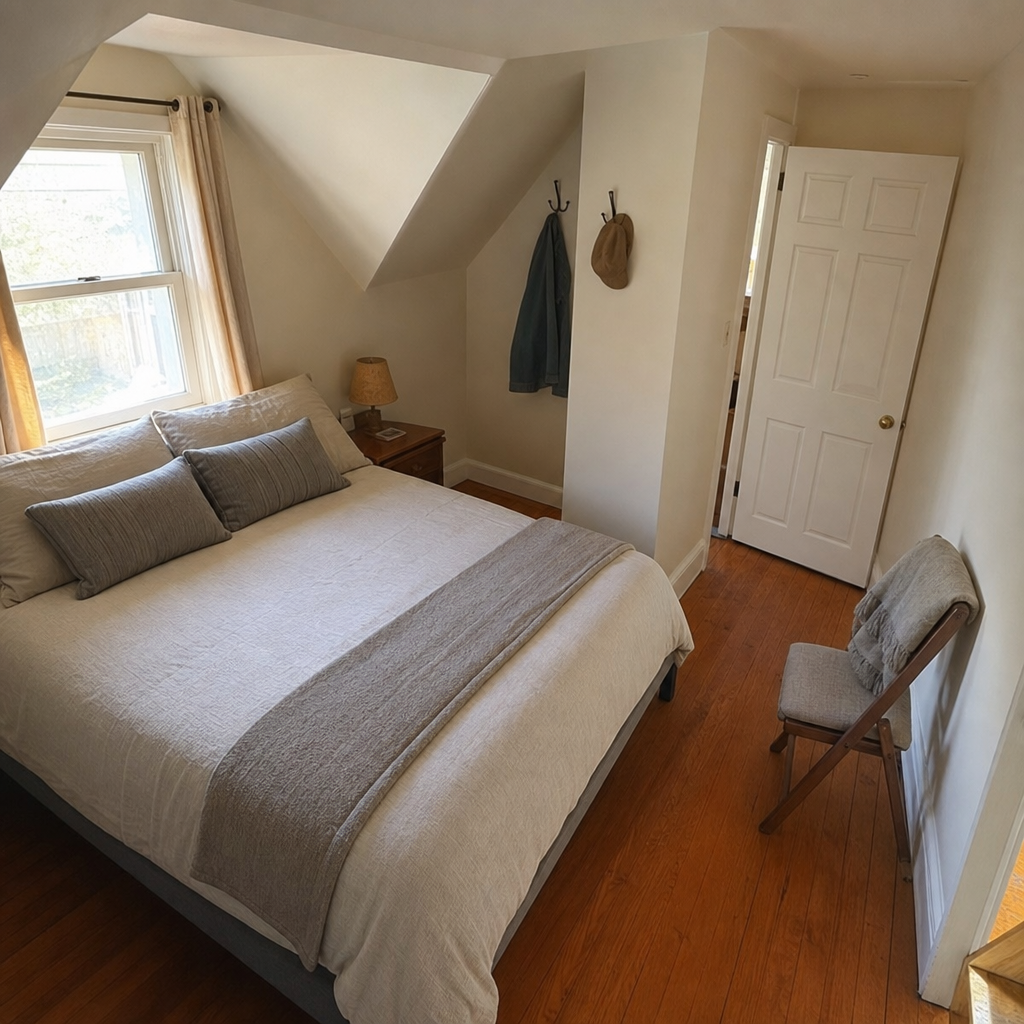 Queen bed placed diagonally in a small bedroom with a sloped ceiling and awkward corner.