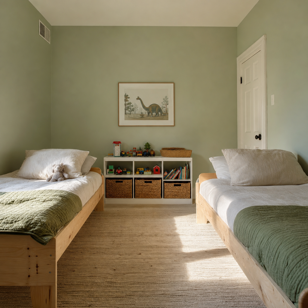 Two twin beds facing the same wall with a shared aisle between them in a compact bedroom.