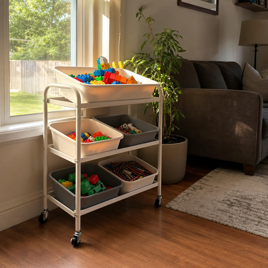 A small rolling cart with building toys and art supplies beside a living room window.