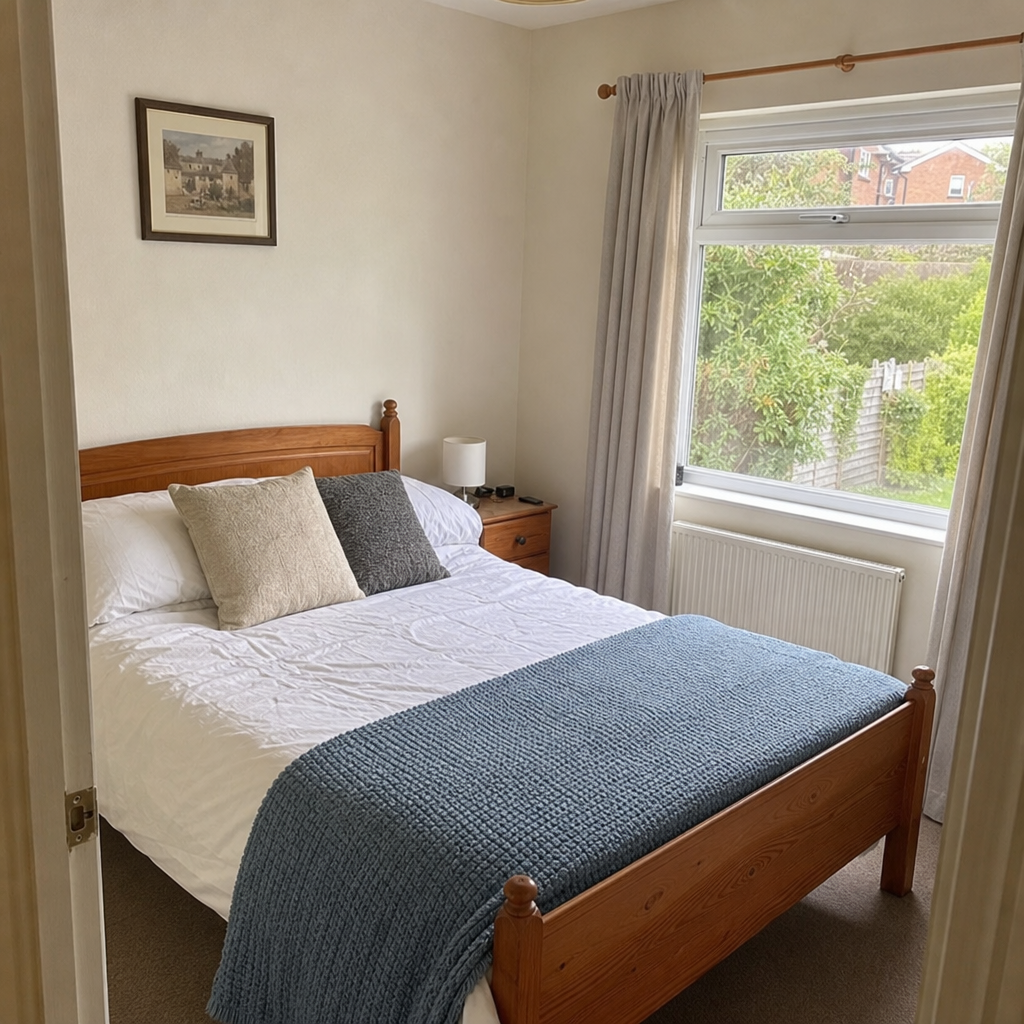 Small bedroom with a blue quilt folded across a simply made bed.