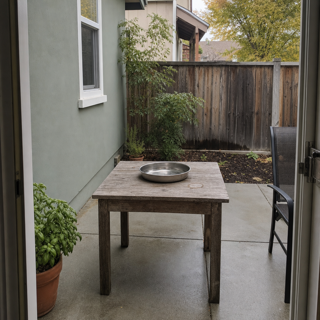 A removable shallow steel basin resting on a small weathered patio table.