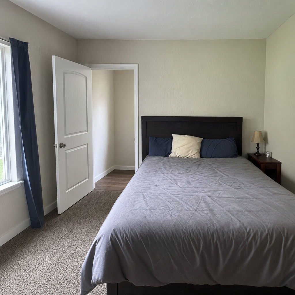 Queen bed positioned on the wall beside an open bedroom door with a clear entry path.