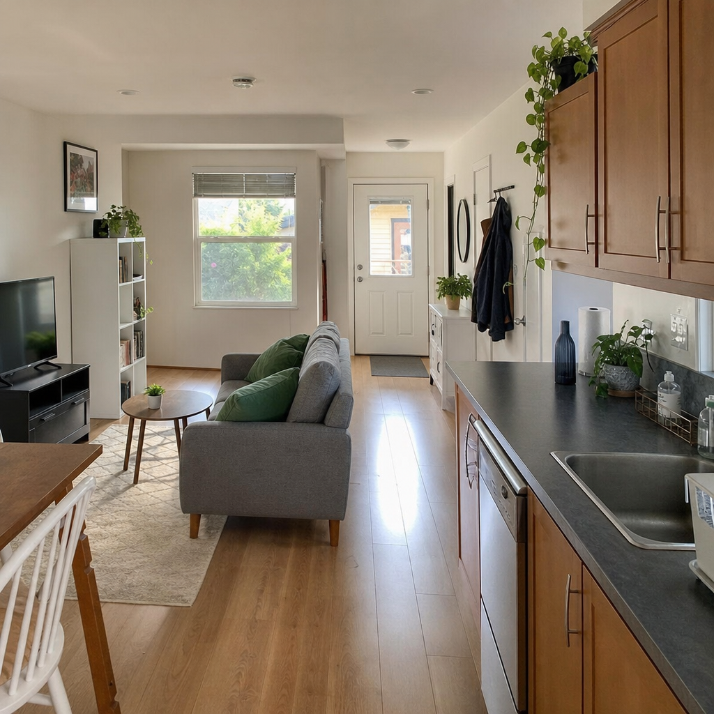Open-plan living area with a sofa dividing the kitchen from the TV seating area.