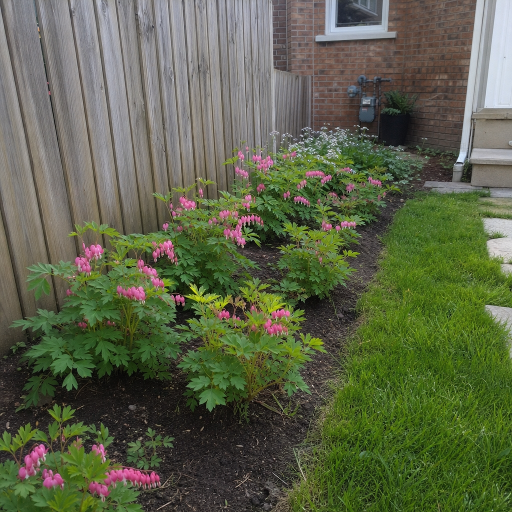Repeated low flowering plants forming a tidy border along a fence.