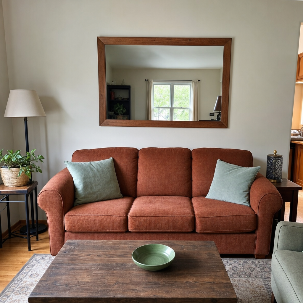 A large wood-framed mirror hangs above a rust-colored sofa.