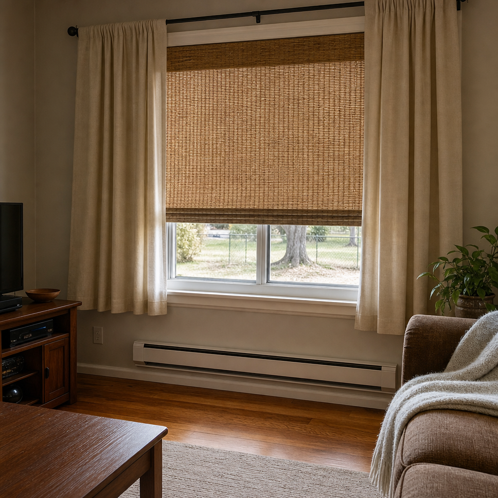 Cordless woven shade and cream curtains kept clear of a wall heater.