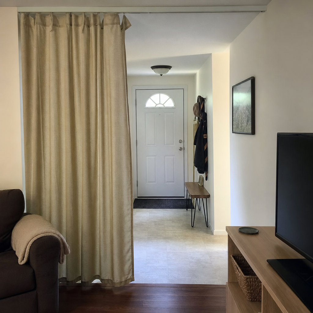A curtain panel provides a soft boundary between an apartment front door and the living room.