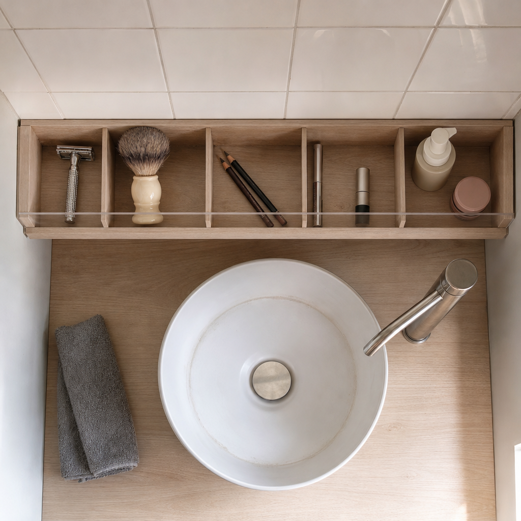 A slim divided organizer separates makeup pencils and shaving tools along the back of a bathroom counter.
