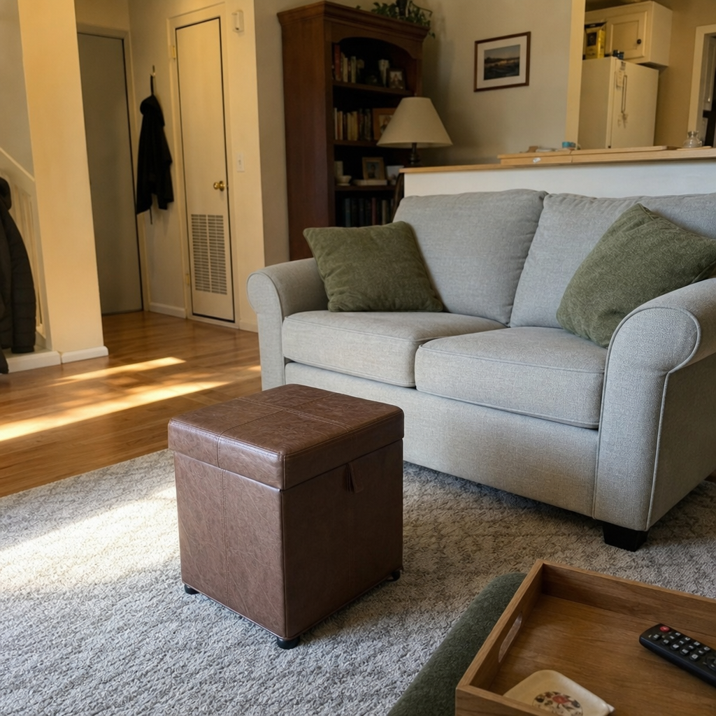 Brown ottoman and sage pillows in a compact living room.