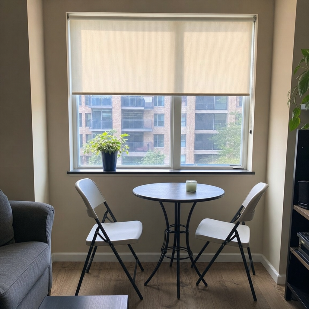 Two-seat bistro table arranged beside a sunny living-room window.