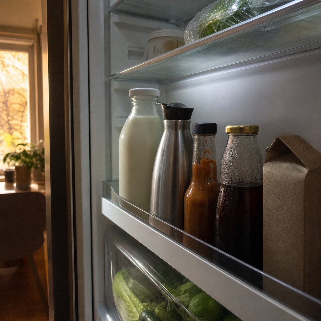 A refrigerator shelf adjusted to keep tall bottles and a pitcher upright.