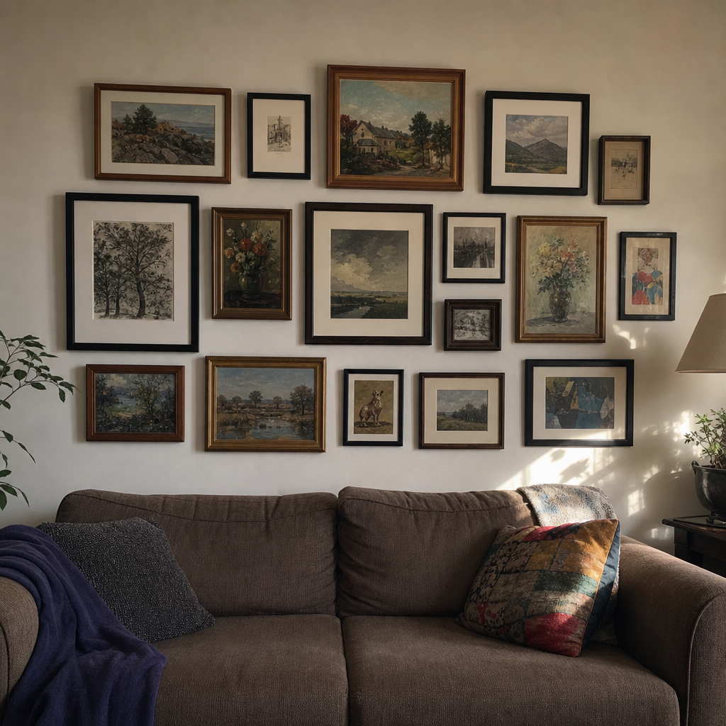 Gallery wall of thrifted art in repeated black and wood frames above a sofa.