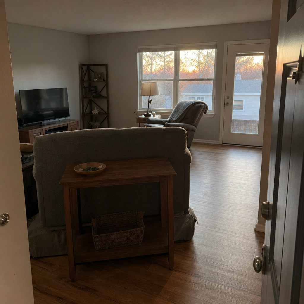 The back of a sofa and a narrow sofa table create a defined entry lane in a living room without a foyer.