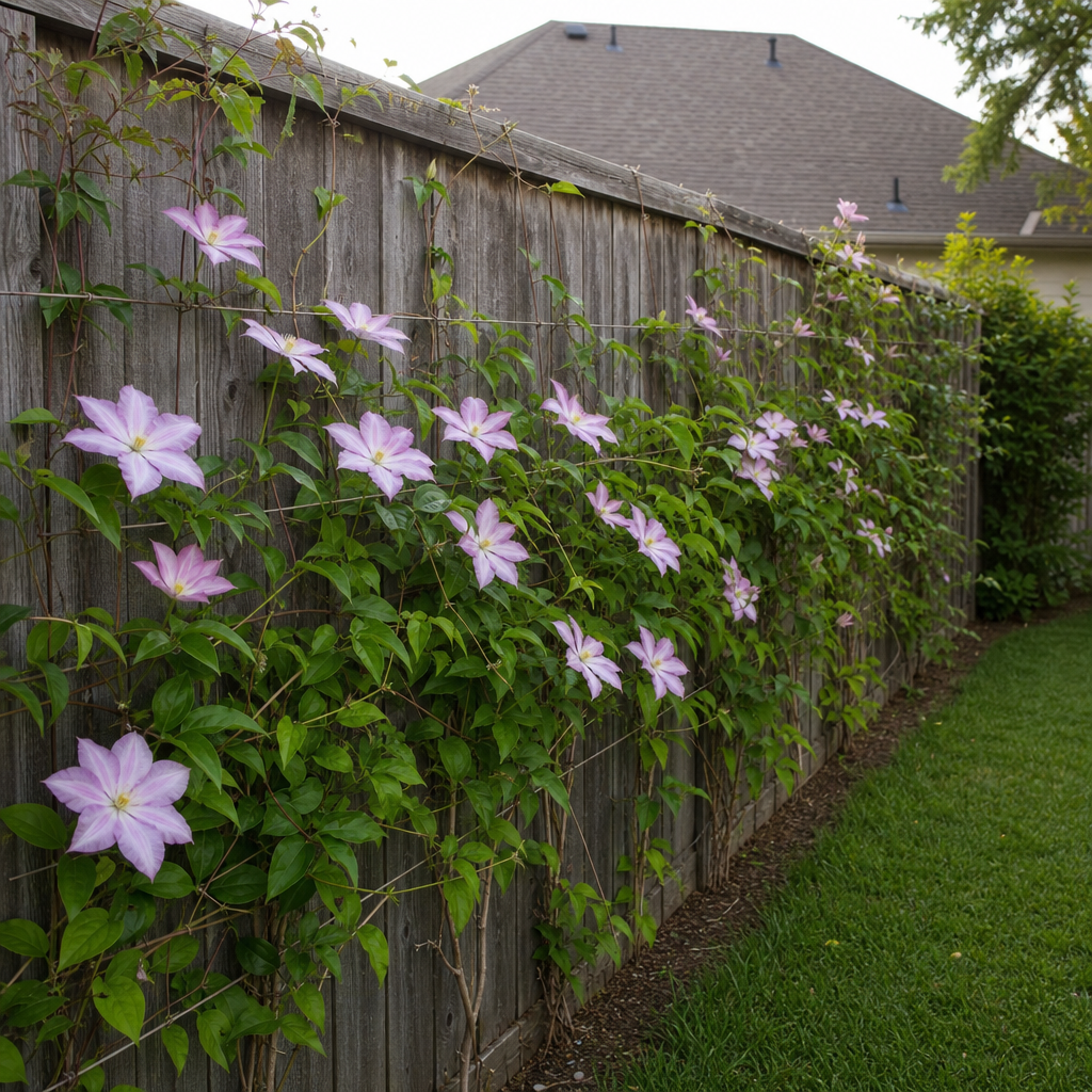 Climbing plant growing on a simple trellis against a fence.