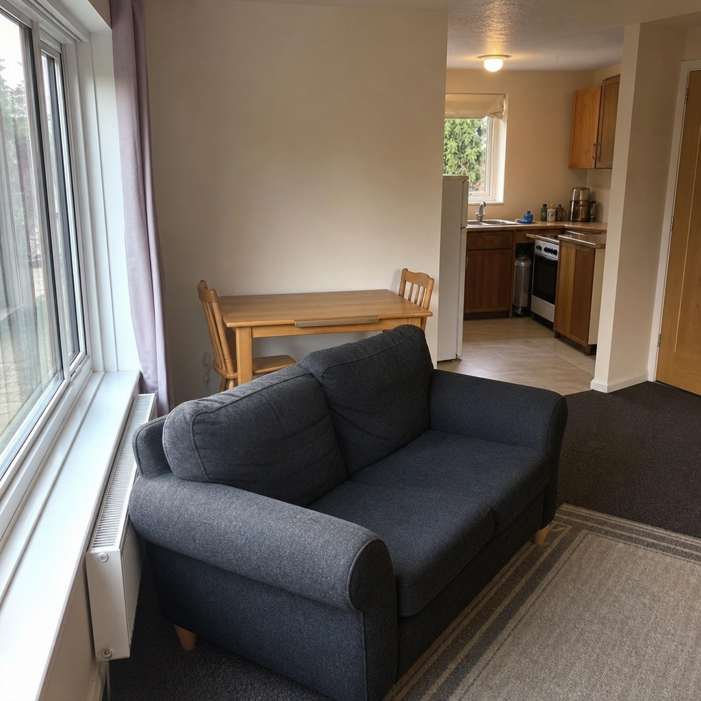 Compact dining table positioned behind a sofa in a small open-plan living room.