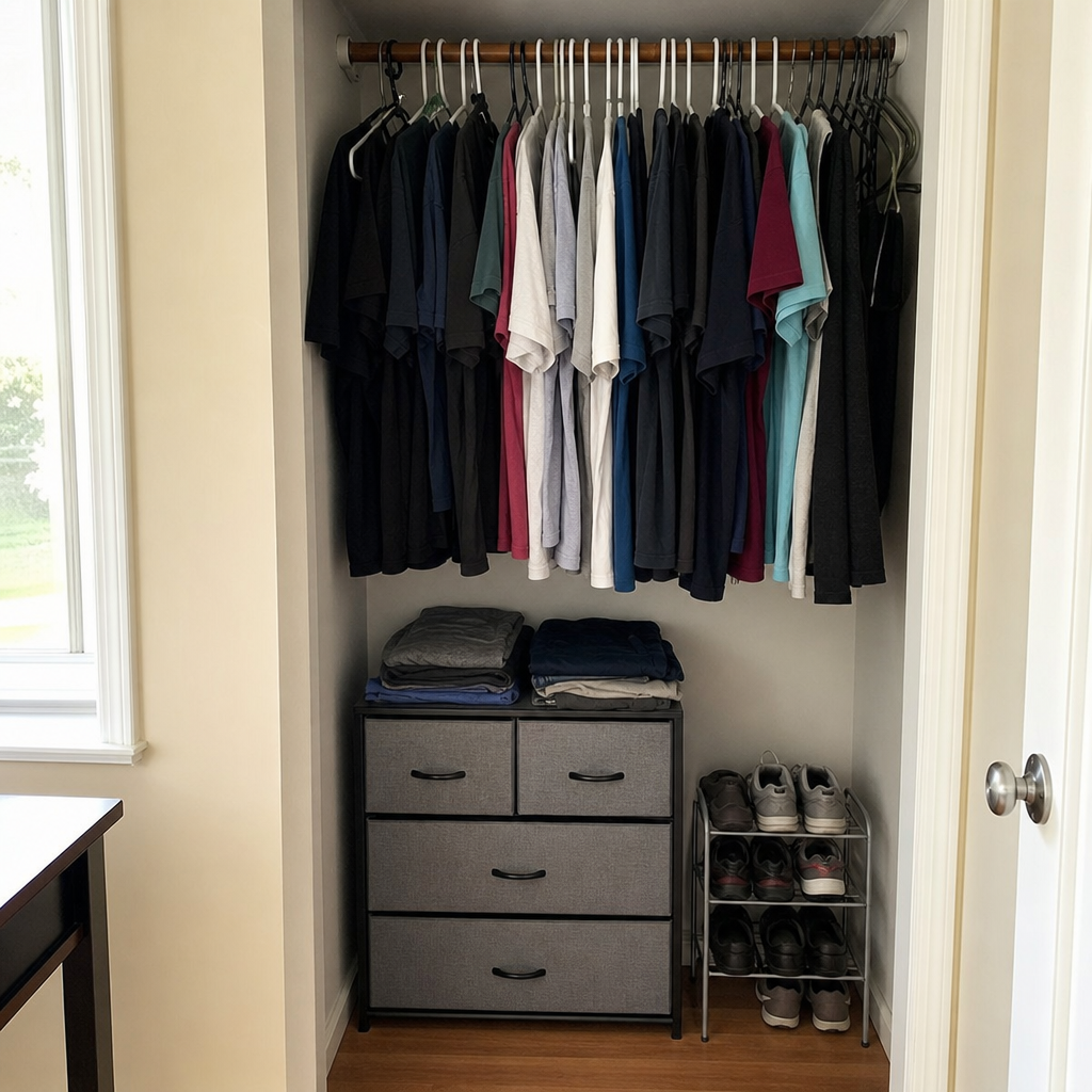 A small freestanding drawer unit sits under short hanging clothes in a closet.