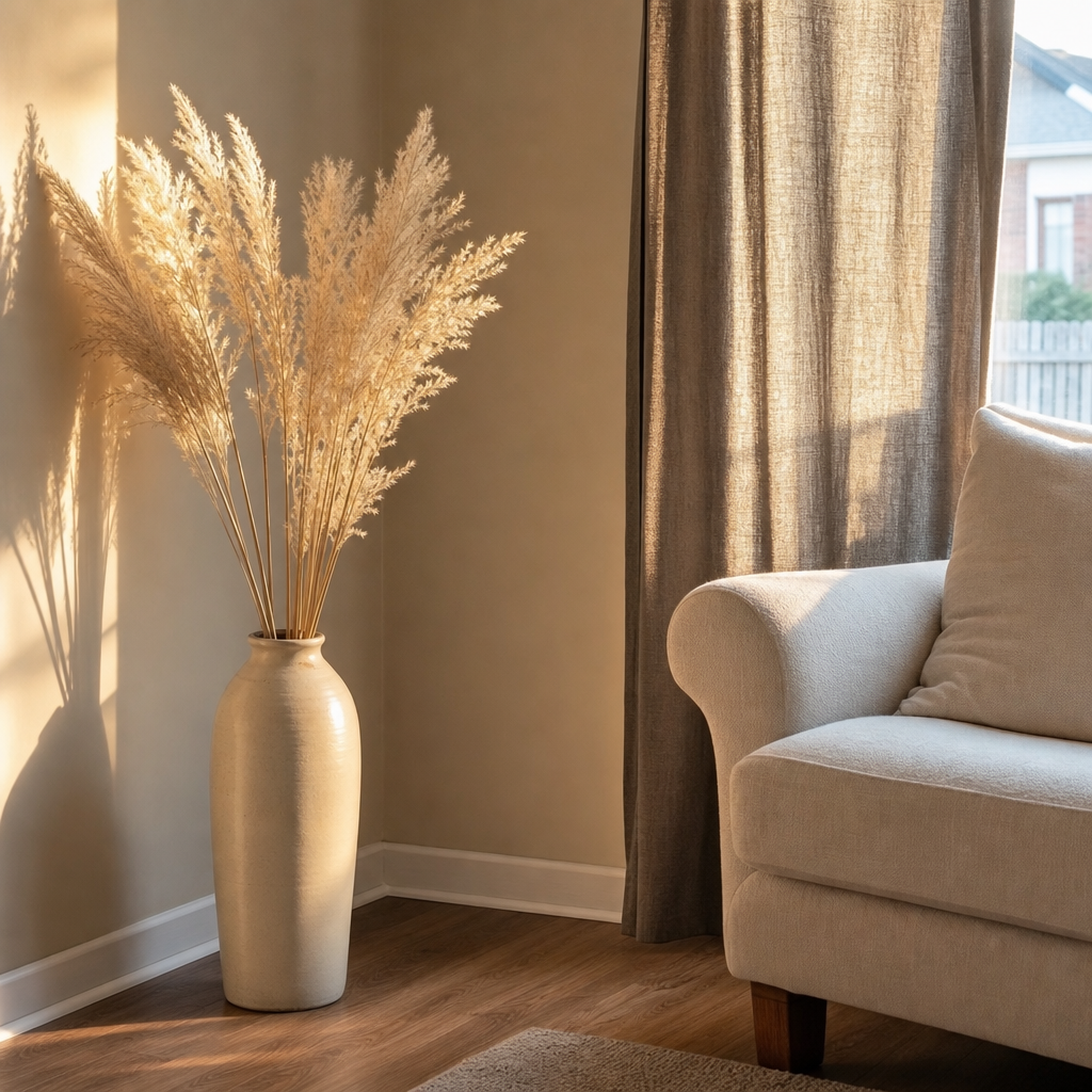 Pale dried grass stems add height and texture beside a cream chair.