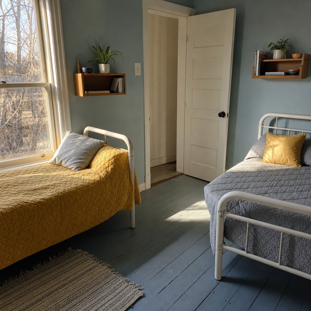 Offset twin beds on opposite walls create two personal corners and a diagonal walkway in a small shared bedroom.