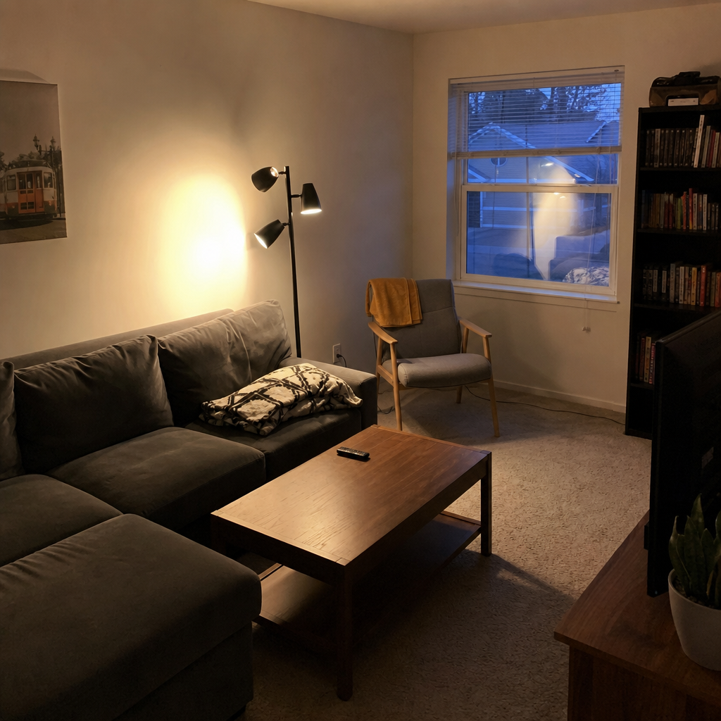 A multi-head floor lamp directing light to different areas of a compact living room.