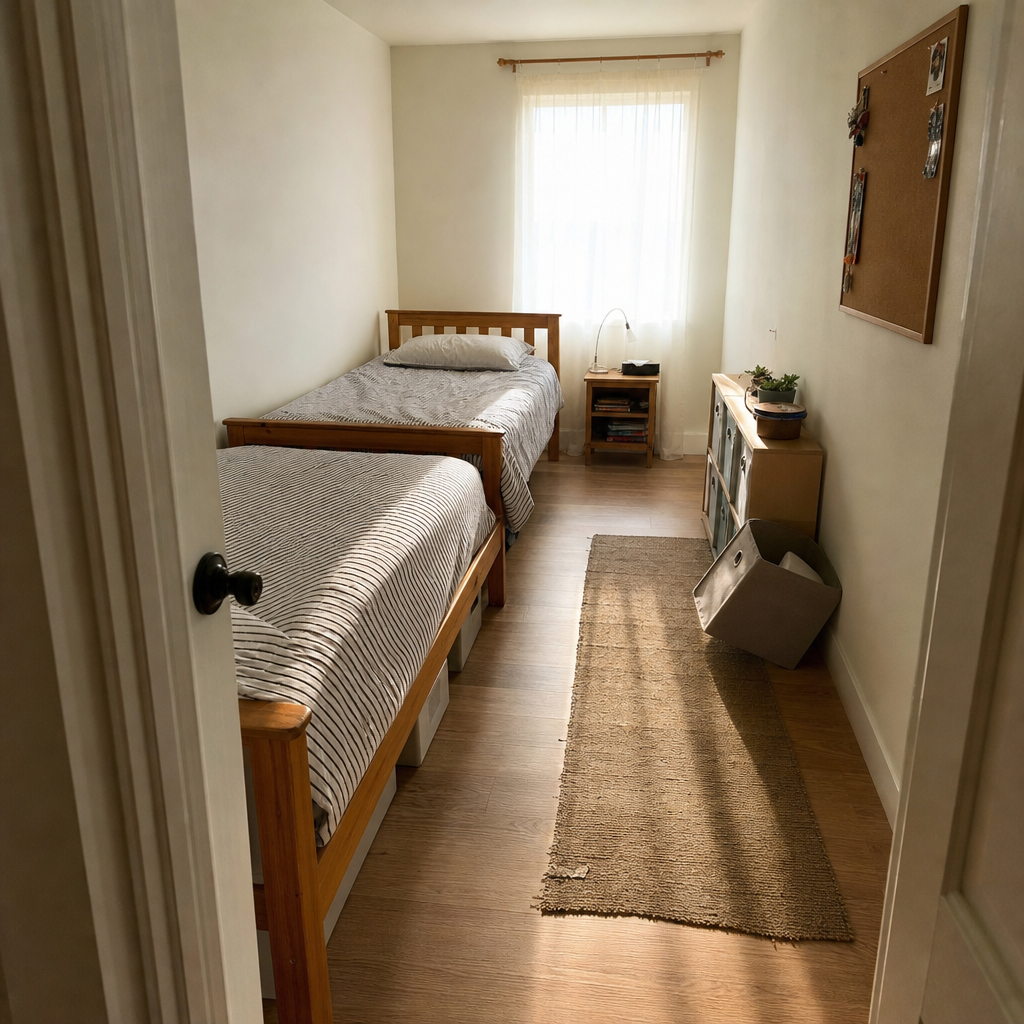 Two twin beds arranged foot-to-foot along one side of a narrow children's bedroom.