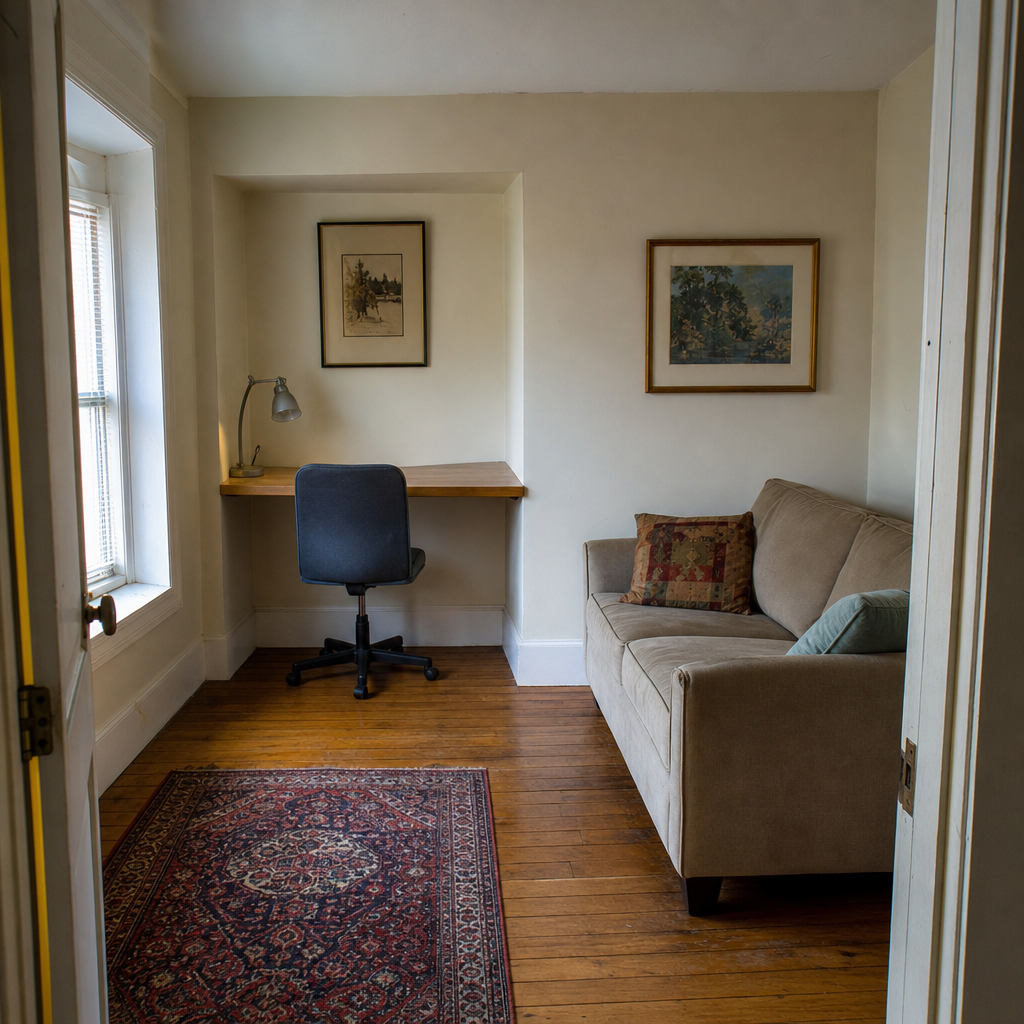 A simple desktop fitted into a recessed alcove in a small living room.