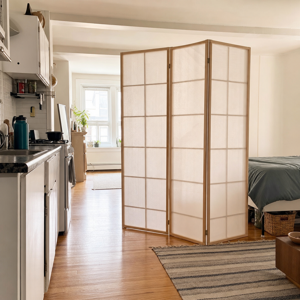 Translucent movable panel dividing a studio bed area while allowing window light through.