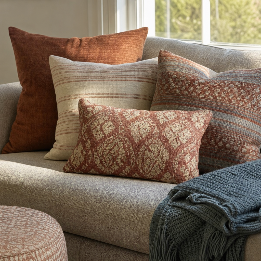 Thrifted pillows and textiles in related colors on a living room sofa.