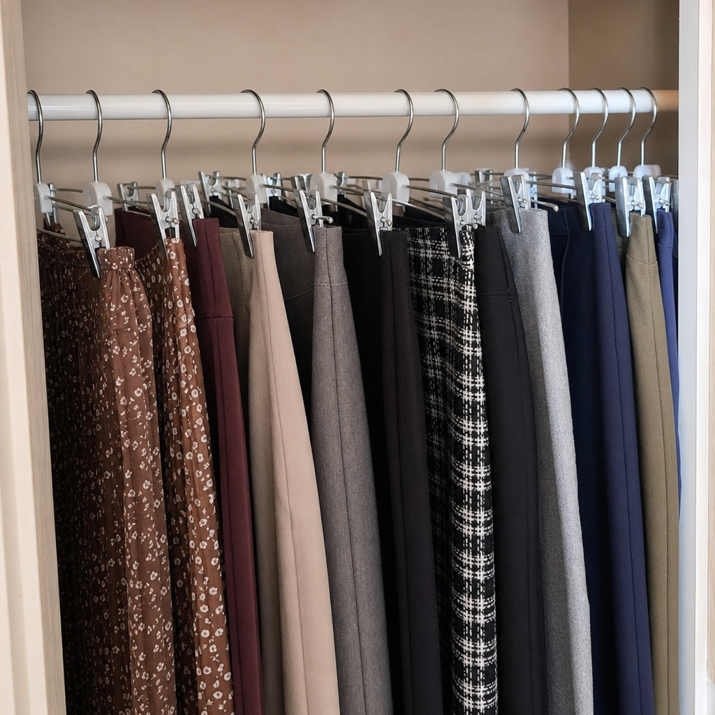 Skirts and trousers hang vertically from clip hangers in a closet.