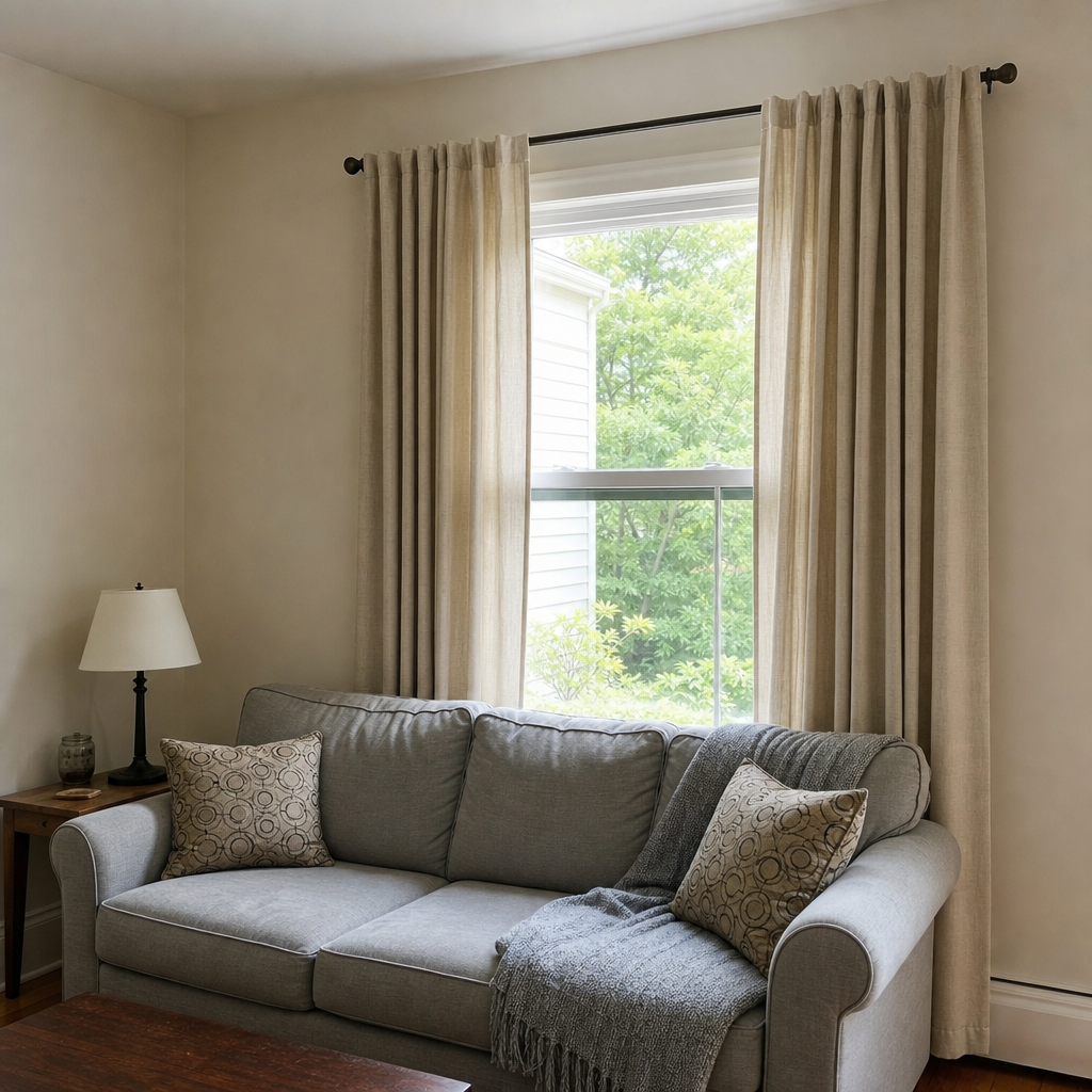 High, wide oatmeal curtains frame a window behind a light gray sofa.