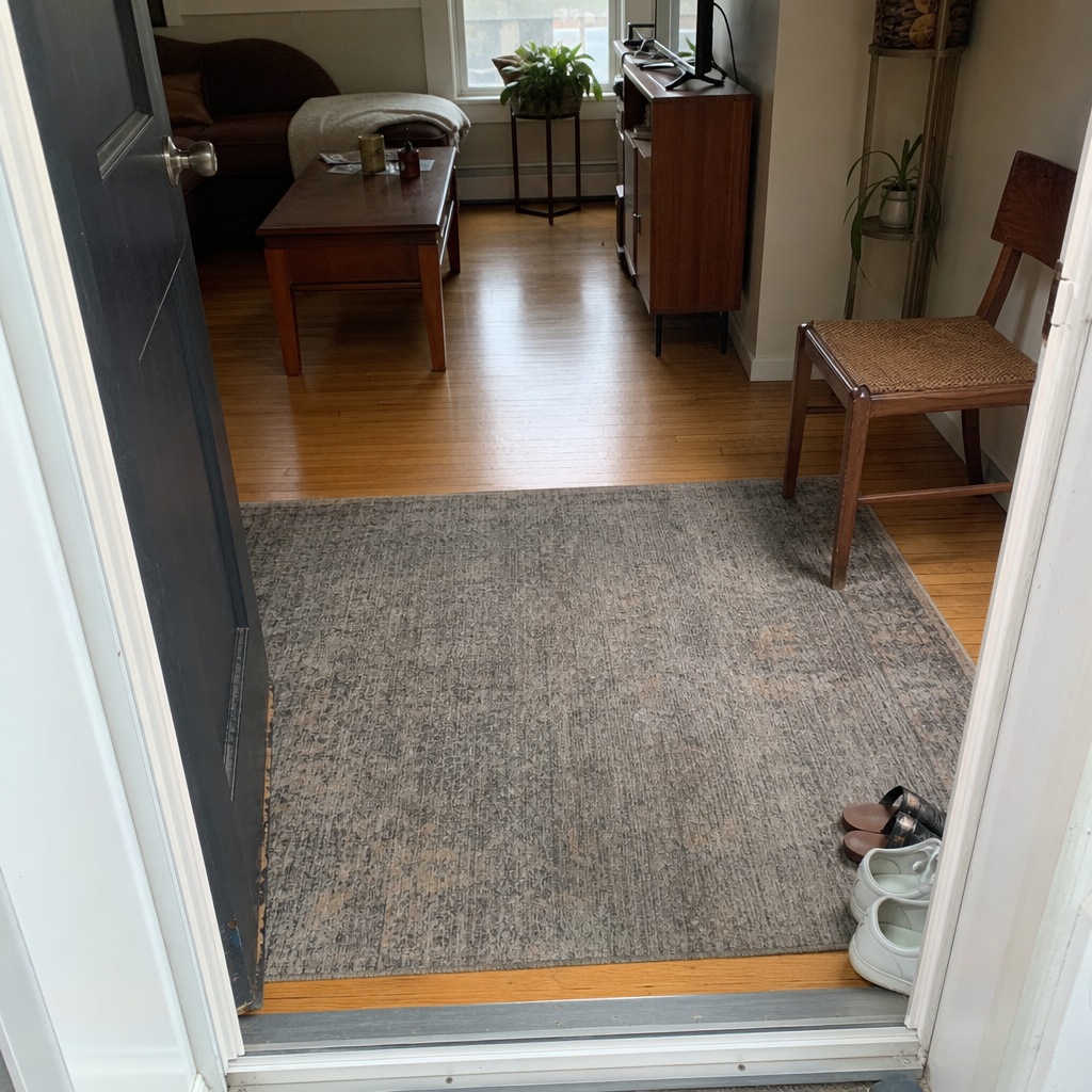A low-pile rug marks the small area just inside a front door that opens into a living room.